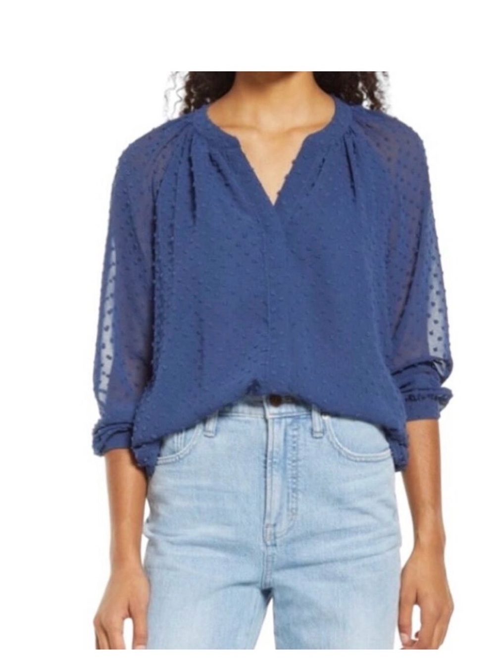 Gibsonlook XS Swiss Dot Blouse Solid Denim Blue Raglan Sleeve Sheer Top NWT